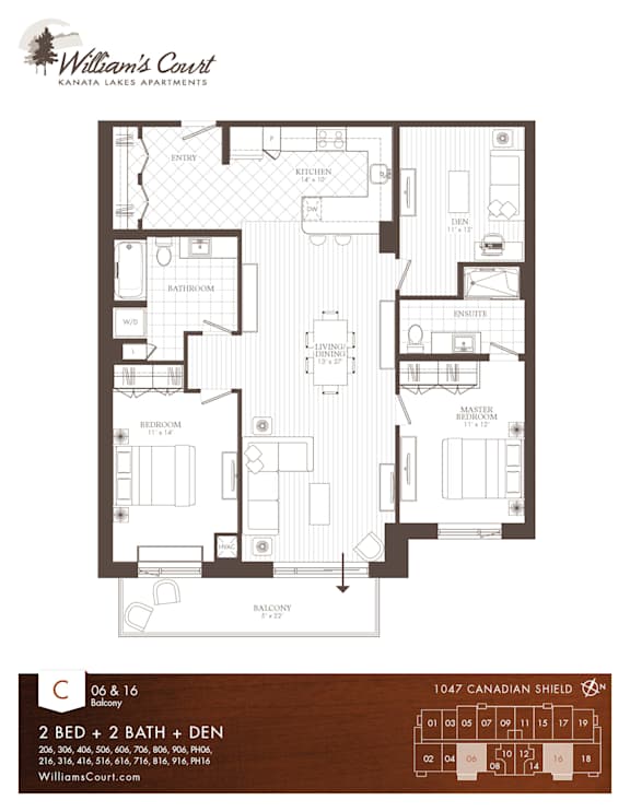 A floor plan for William's Court, Kanaiau Lakes Apartments, showing a 2 bedroom, 2 bathroom, den apartment with a balcony.