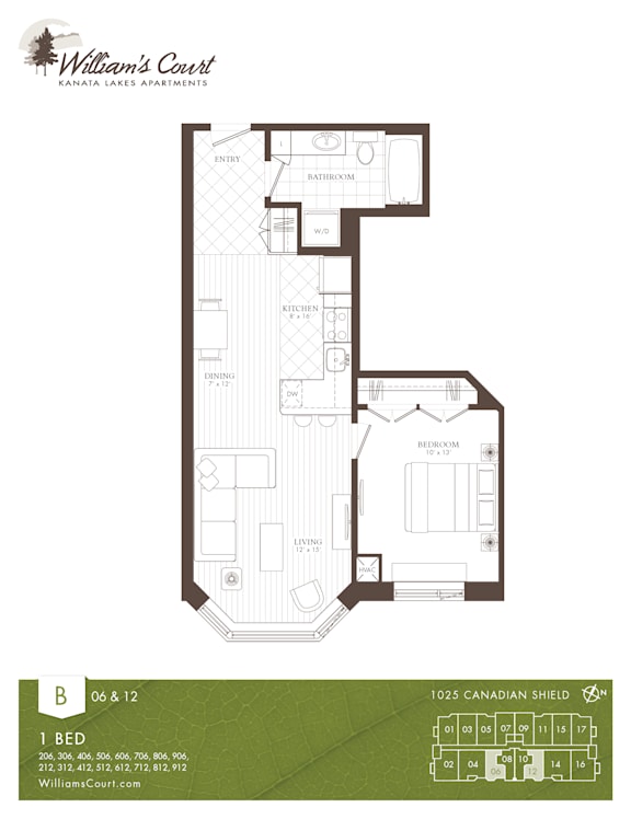 A floor plan for a 1 bedroom apartment at Williams Court.