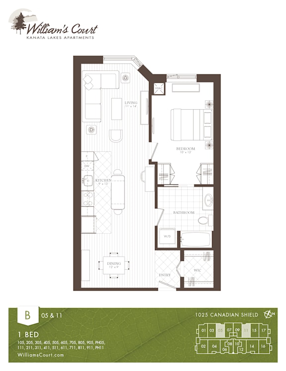 A floor plan for a 1 bedroom apartment at Williams Court.