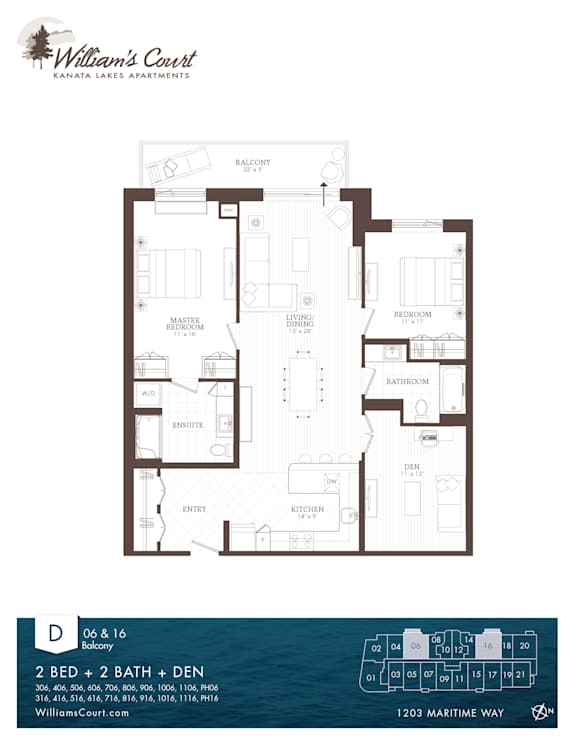 A floor plan for William's Court Kanaiau Lakes Apartments showing a 2 bedroom, 2 bathroom, den apartment.