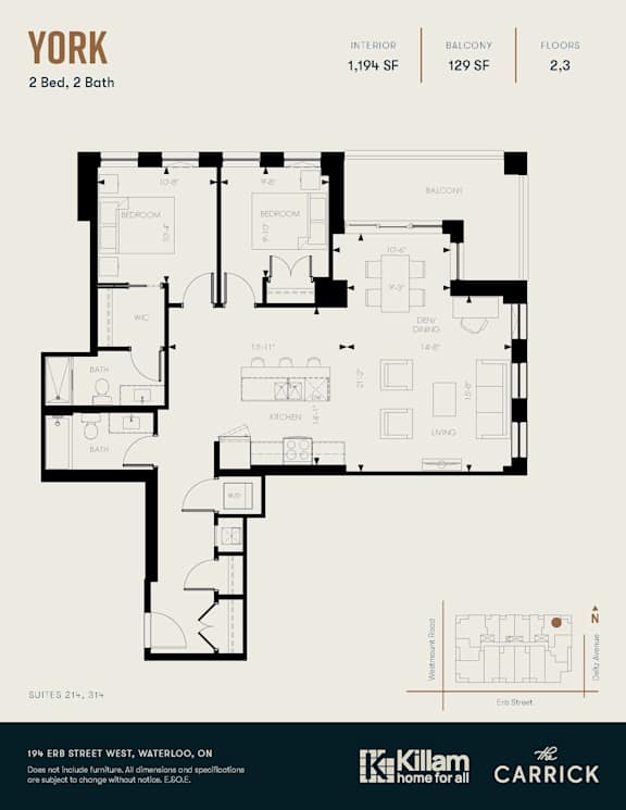 York 2 Bedroom + 2 Bath 1,194 SF