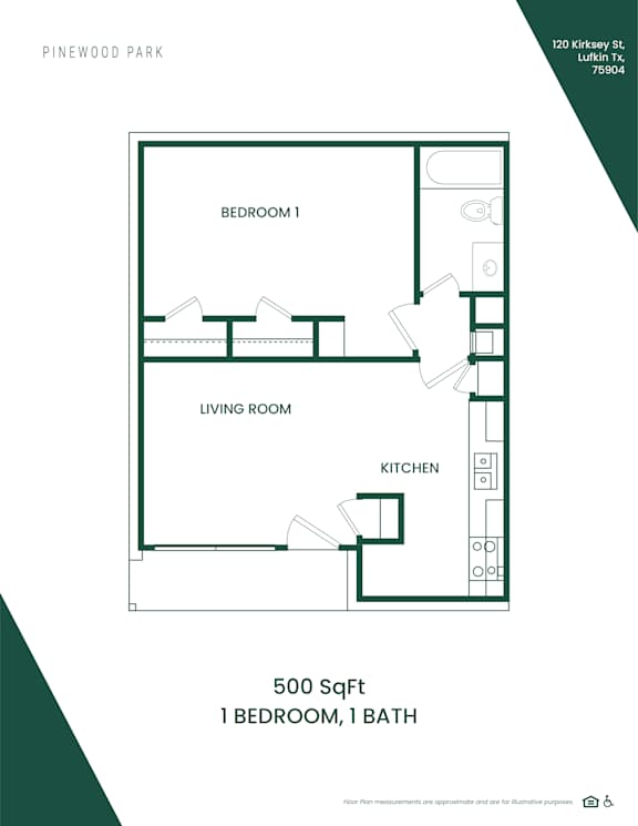 A floor plan of a 500 square foot studio apartment with one bedroom and one bath.