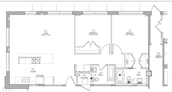 A floor plan of a house with a kitchen, living room, and bathrooms.