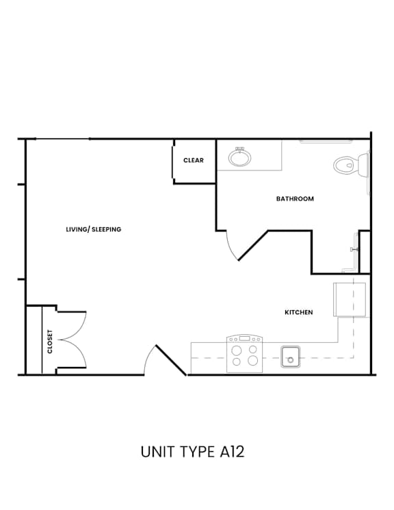 A floor plan of a unit type A12 shows a living/sleeping area, a kitchen, and a bathroom.
