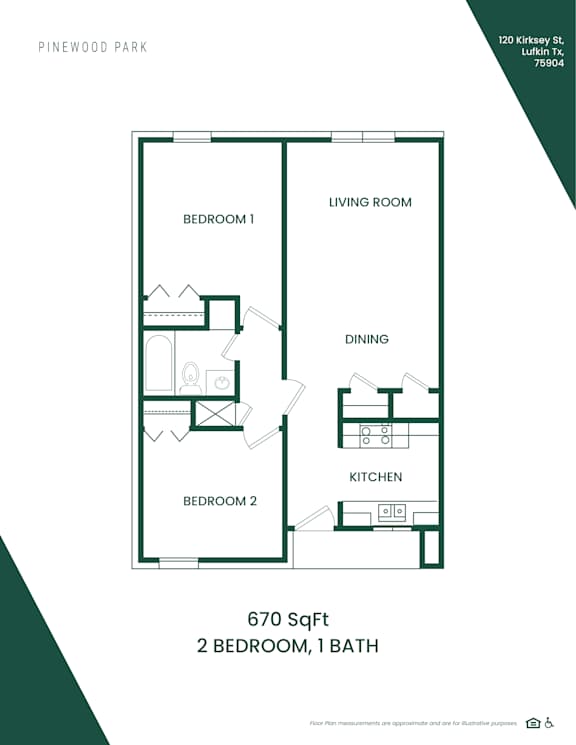 A floor plan of a 2 bedroom, 1 bathroom apartment at Pinewood Park.