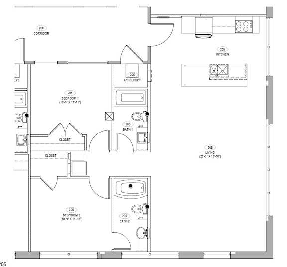 A floor plan of a house with two bedrooms, two bathrooms, a kitchen, and a living room.