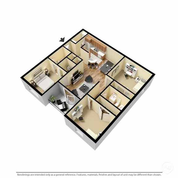 A 3D floor plan of a house with a kitchen, living room, and bedrooms.