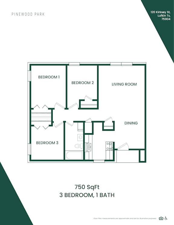 A floor plan of a 750 square foot home with three bedrooms and one bathroom.