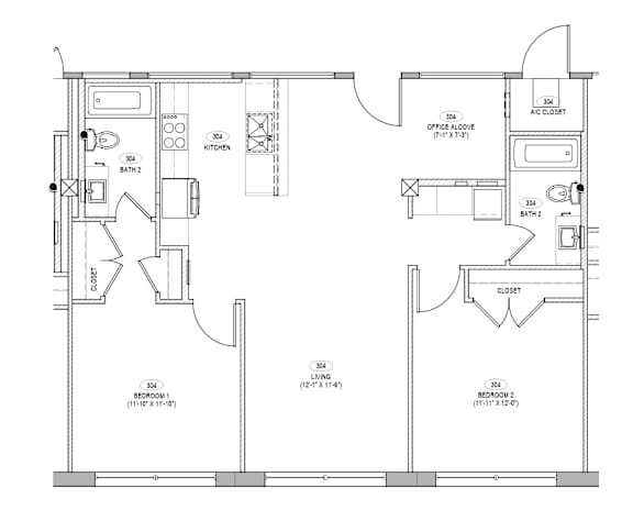 A floor plan of a house with a kitchen, living room, and two bathrooms.