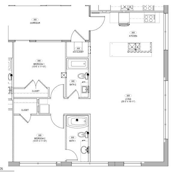 A floor plan of a house with a kitchen, two bedrooms, a bathroom, and a closet.