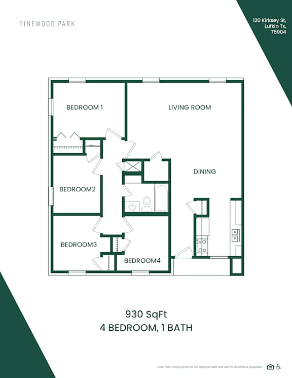 A floor plan of a 4 bedroom apartment.