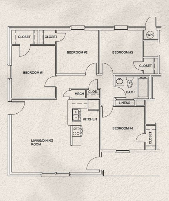 A floor plan of a house with four bedrooms, a kitchen, a living/dining room, and a bathroom.