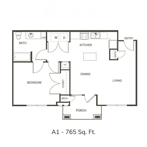 Floor Plan  A black and white drawing of a floor plan for a 765 square foot home.