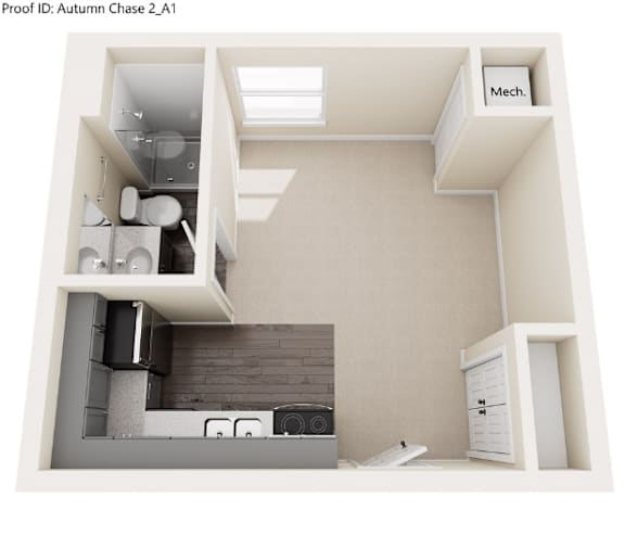 A 3D rendered image of a small apartment layout.