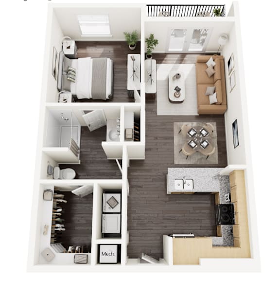 Floor Plan  A top-down view of a modern apartment layout with a kitchen, living room, and bathroom.