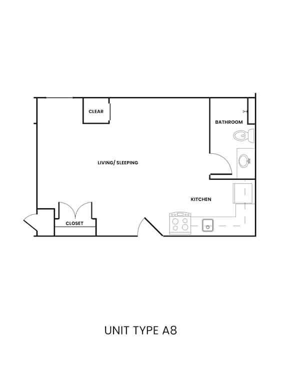 A floor plan of a apartment with a living/sleeping area, a kitchen and a bathroom.