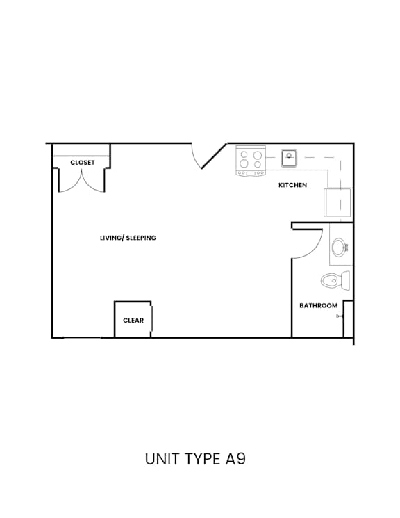 A floor plan of a unit type A9 with a kitchen, living/sleeping area, bathroom and clearance.
