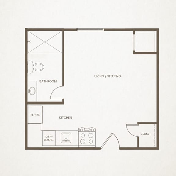A floor plan of a small apartment with a kitchen, bathroom, and living room.
