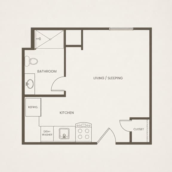 A floor plan of a small apartment with a living area, kitchen, and bathroom.