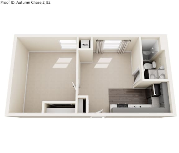 A white Autumn Chase 2, B2 proof ID image of a kitchen layout.