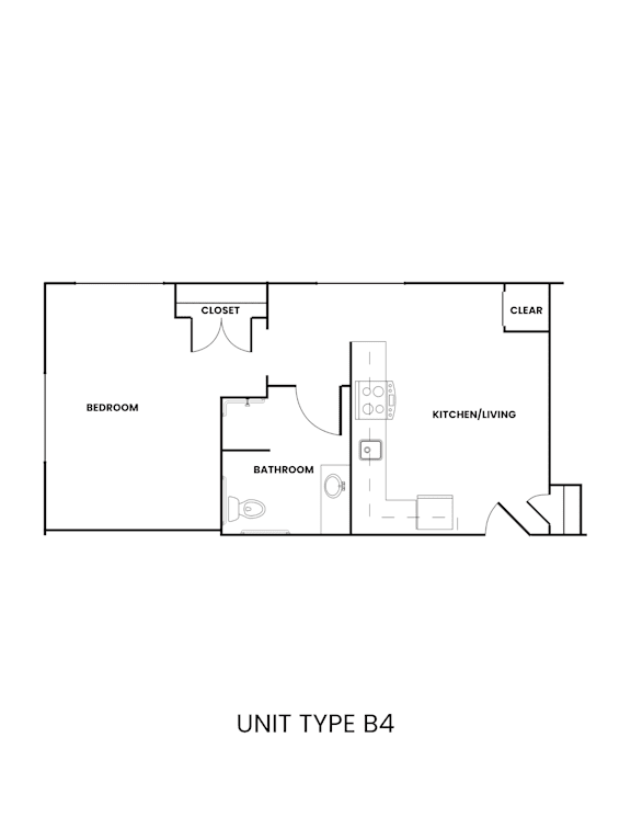 A floor plan of a unit type B4 with a closet, a bedroom, a bathroom, and a kitchen/living area.