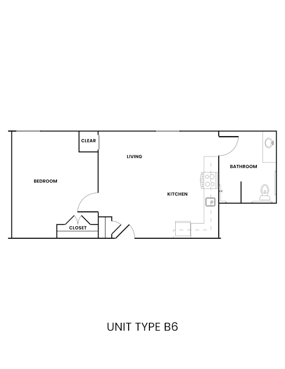 A floor plan of a unit type B6 showing the layout of a bedroom, living room, kitchen, bathroom, and closet.