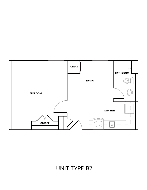A floor plan of a unit type B7 showing the layout of a bedroom, living room, kitchen, bathroom, closet and a door.