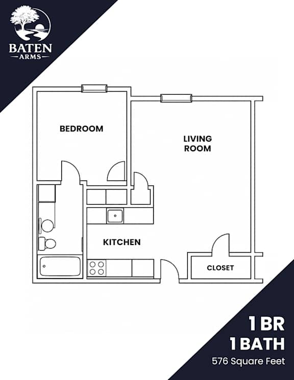 A floor plan of a 1 bedroom, 1 bathroom apartment with a living room and kitchen.