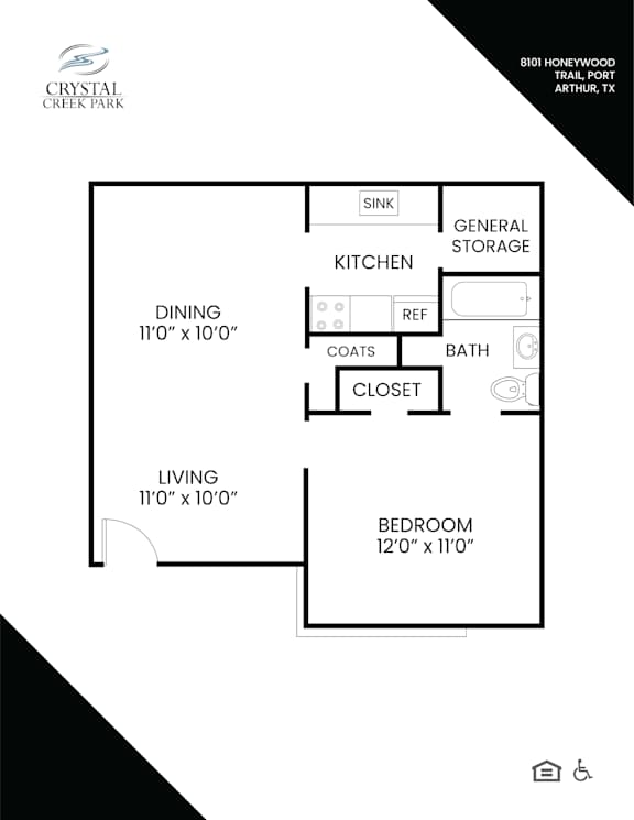 Floor Plan  A floor plan for a Crystal Creek Park apartment in Biot, LA.