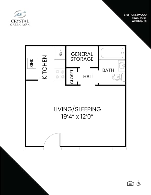 A floor plan for a living/sleeping area that is 19 feet 4 inches by 12 feet 0 inches.