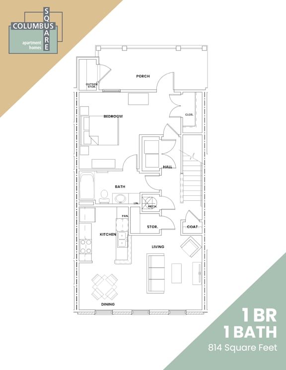 A floor plan for a 1 bedroom, 1 bathroom apartment at Columbus Apartment Homes.