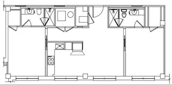 A black and white floor plan of a house with a kitchen, living room, and bathroom.