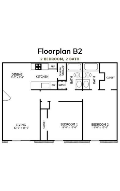 A black and white image of a floor plan for a two bedroom, two bath apartment.