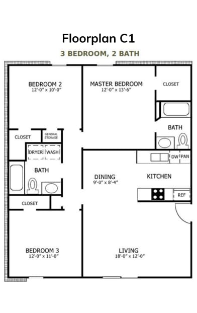 A floor plan of a 3 bedroom, 2 bathroom apartment.