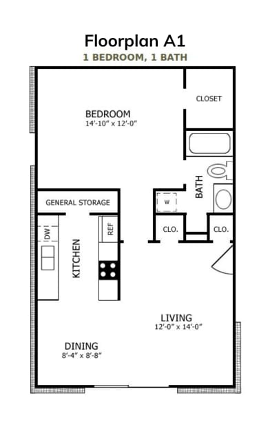 A drawing of a floor plan for a one bedroom, one bath apartment.