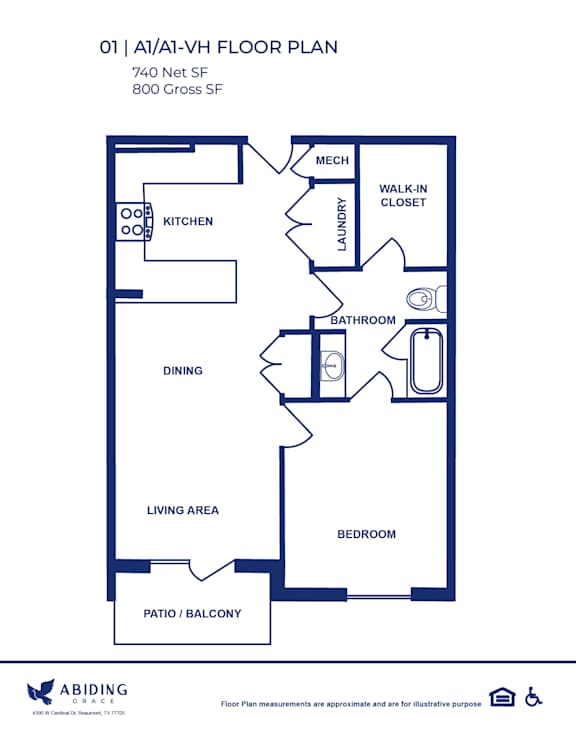 A blue and white Floor Plan of a 740 Net SF and 800 Gross SF apartment.