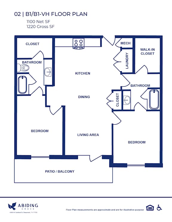 A blue and white floor plan for a 1100 square foot and 1220 gross square foot apartment.