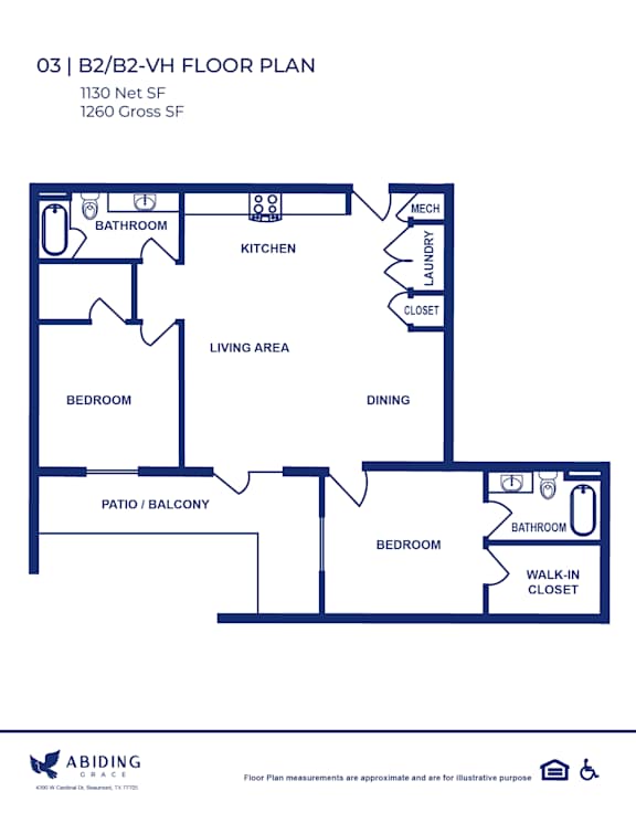 A blueprint of a 03 B2/B2-VH floor plan with a living area, kitchen, dining area, and two bedrooms.
