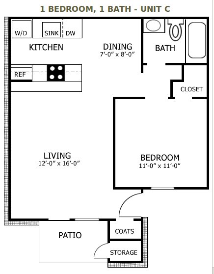 A floor plan of a one bedroom, one bath unit with a living area, kitchen, dining area, bedroom, bathroom, closet, and patio.