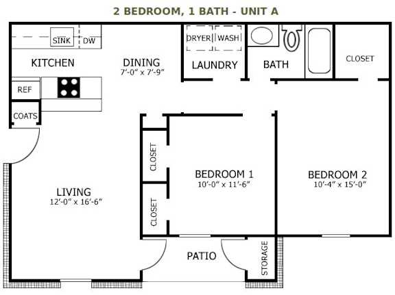A floor plan of a 2 bedroom, 1 bath unit with a living area, kitchen, dining area, laundry, and closet.