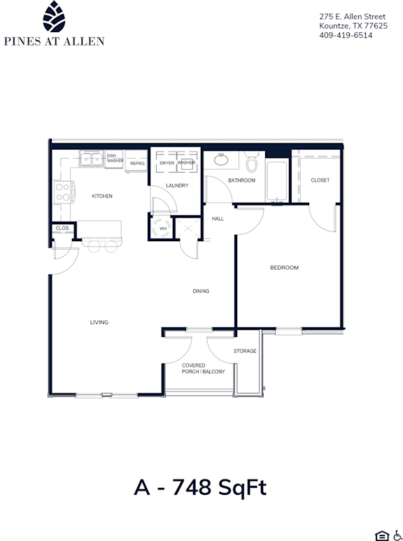 A floor plan for a 748 square foot home.