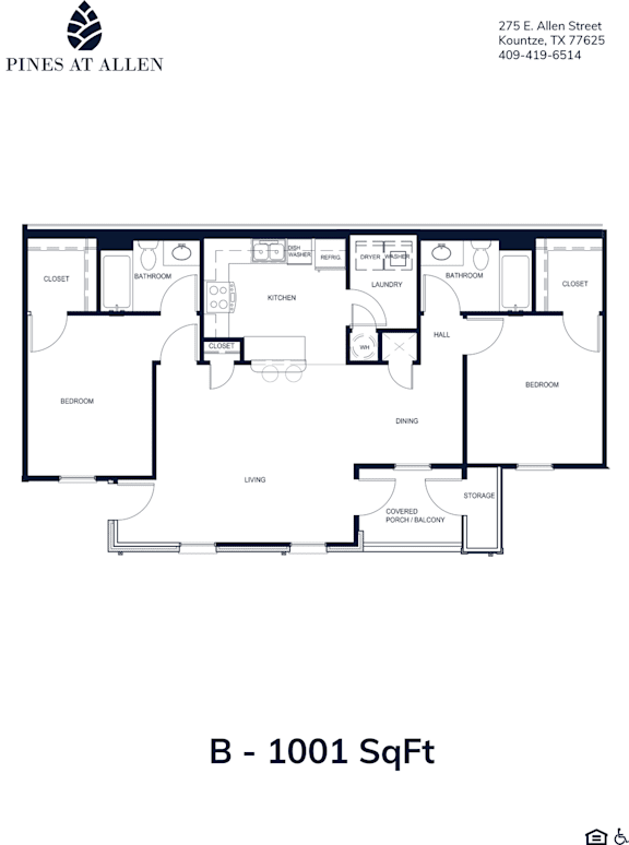 A floor plan for a 1001 square foot home with a kitchen, bathroom, and living room.