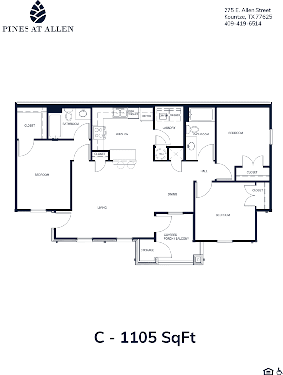 A floor plan for a property at Pines at Allen shows a total of 1105 square feet.