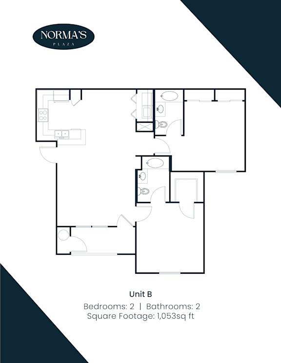 A floor plan for Norma's Plaza shows the layout of Unit B, which includes 2 bedrooms and 2 bathrooms with a total square footage of 1,053 sq ft.