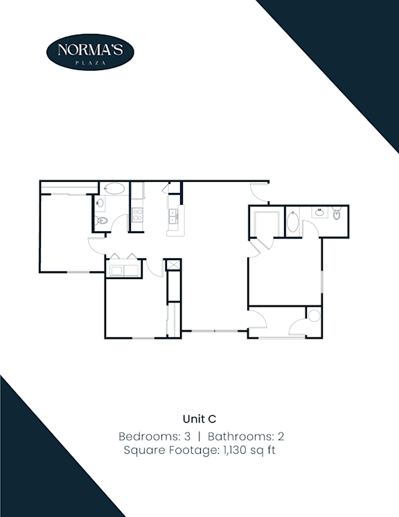 A floor plan for Norma's Plaza shows the layout of Unit C, which includes 3 bedrooms and 2 bathrooms with a total square footage of 1,130 sq ft.