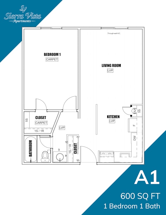 A floor plan for a 600 square foot apartment with one bedroom and one bath.