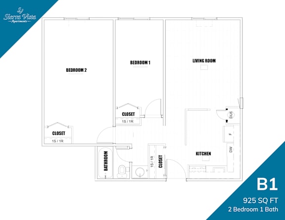 A floor plan for a 2 bedroom 1 bath apartment is shown.