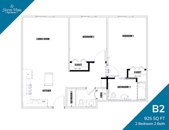 A floor plan for a 2 bedroom, 2 bathroom apartment.