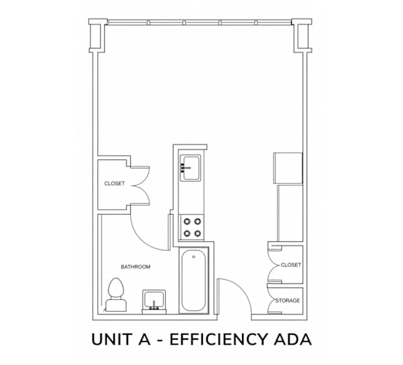 A floor plan of an apartment layout with a bathroom, storage, and closet.
