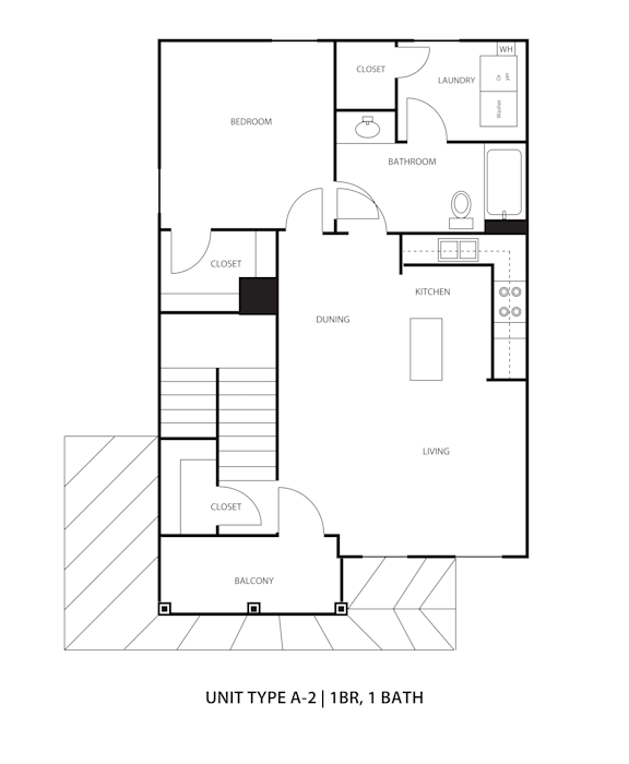 A black and white diagram of a floor plan for a unit type A-2 with 1 bath.